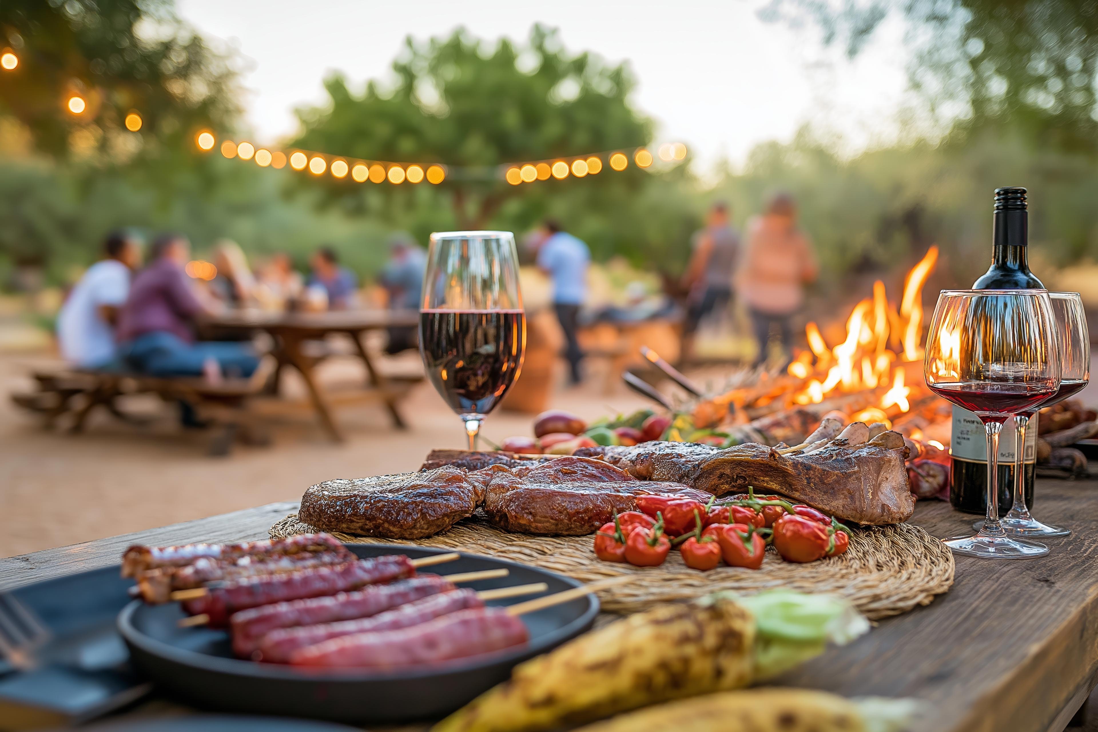 An outdoor table at dusk laid with grilled steaks, boerewors skewers, tomatoes and mielies, wine poured, a fire burning and people gathered behind it.