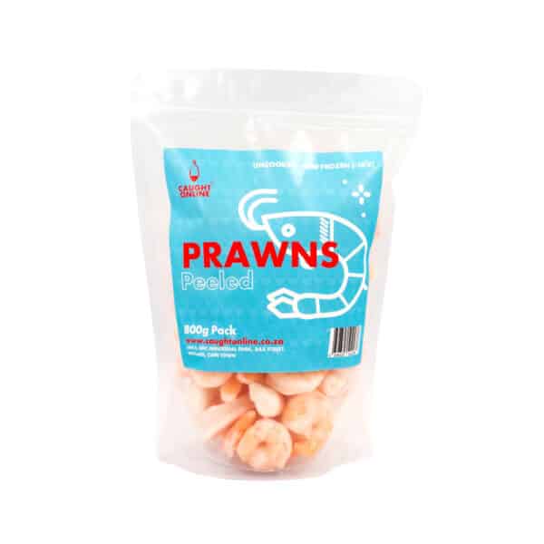 A bag of peeled prawns with a plane white background and colourful blue and red packaging.